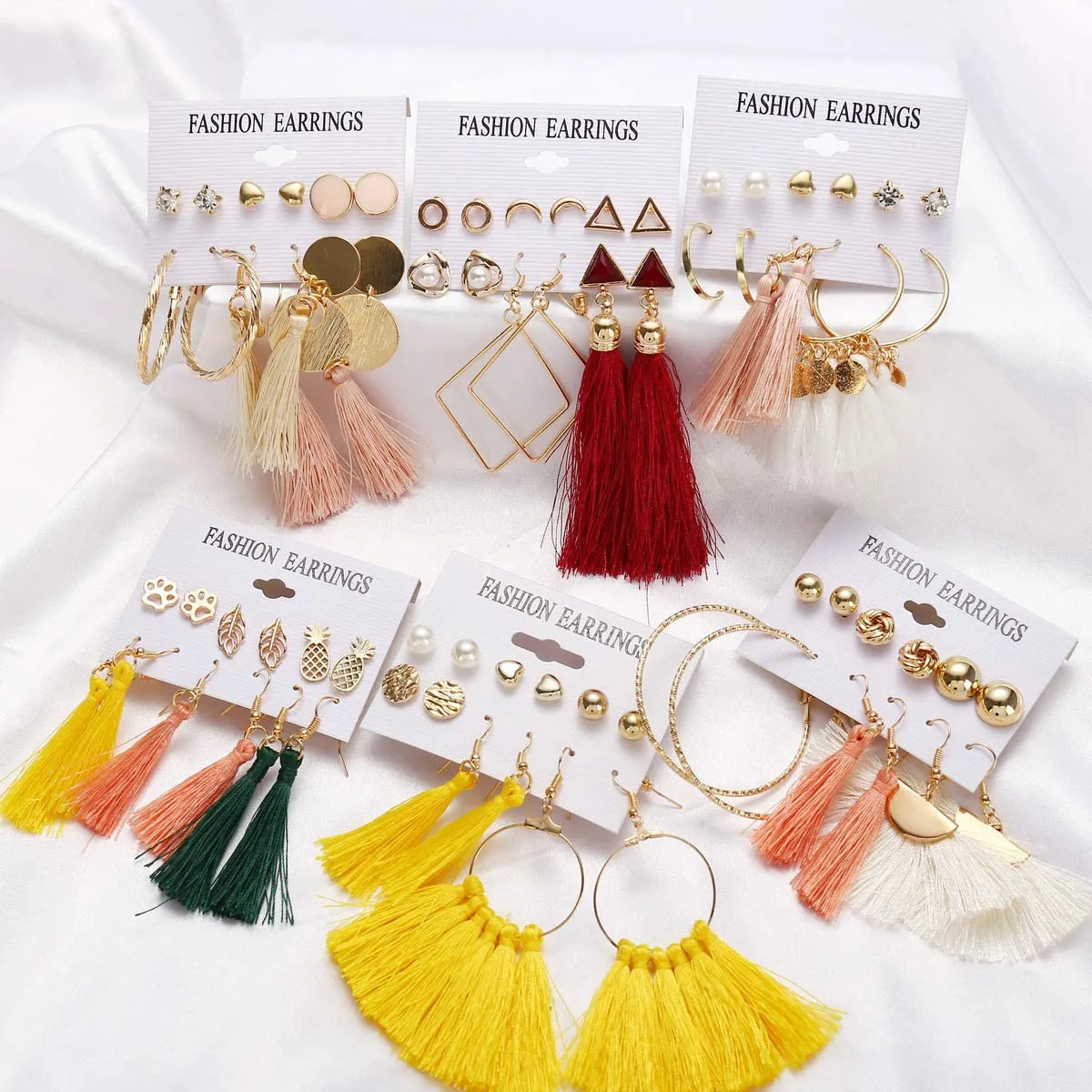 72/92 pairs Colorful Earrings with Tassel Earrings,Layered Ball Dangle Leopard Hoop Stud Jacket Earrings for Women Girls Valentine Birthday Party