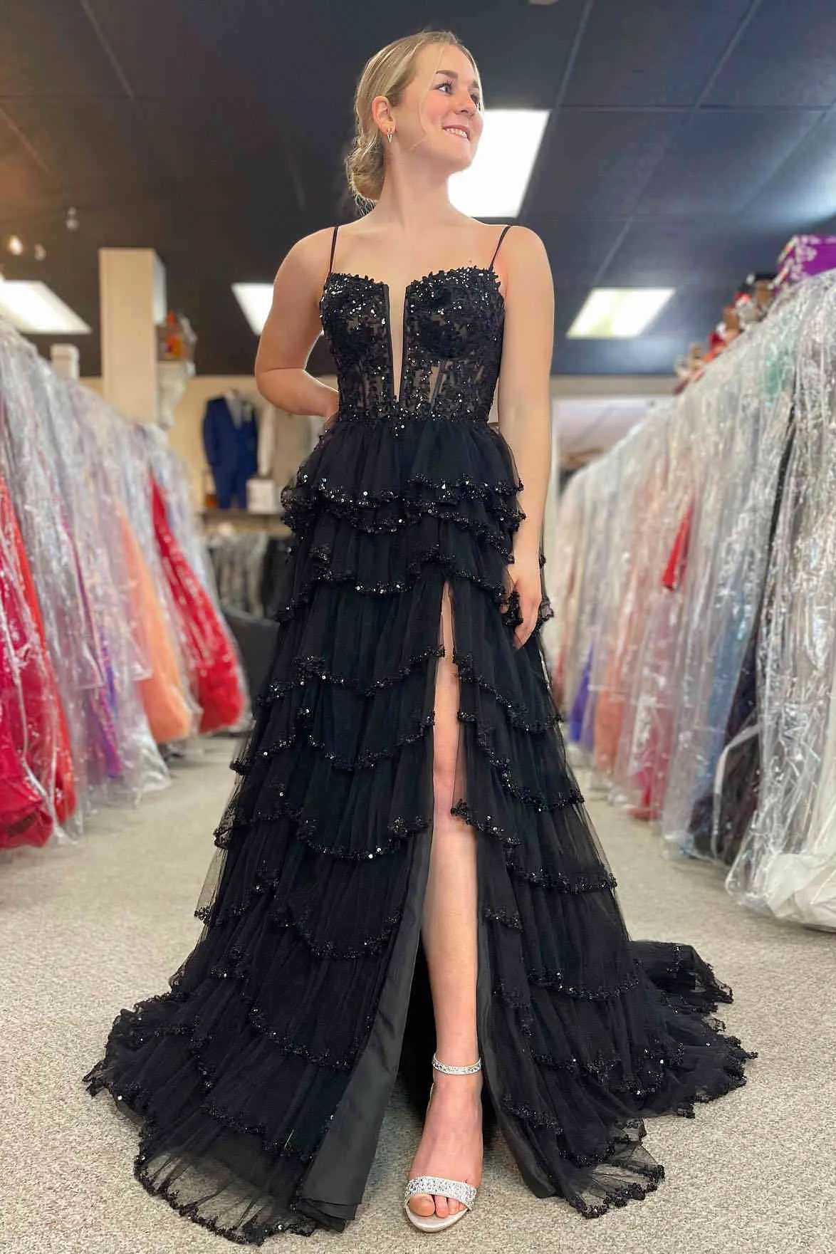 Abbie | Straps Black Mesh Cutout Sequined Layered Long Prom Dress