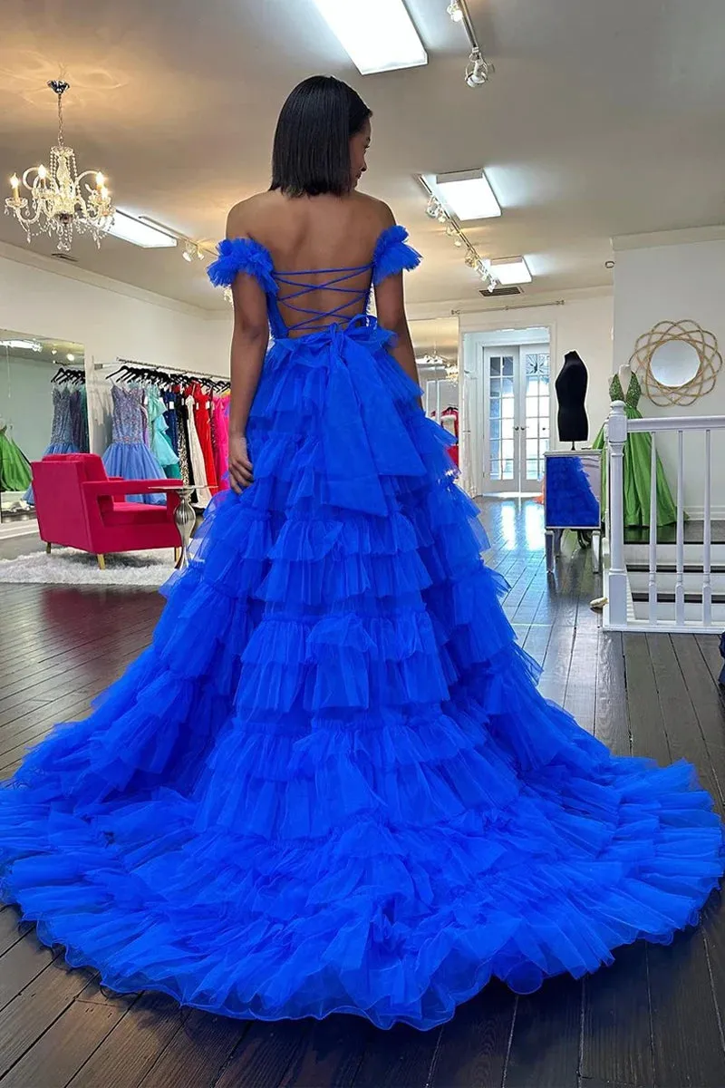 Adalynn | Royal Blue Off the Shoulder Ruffle Tiered Tulle Long Prom Dresses with Slit