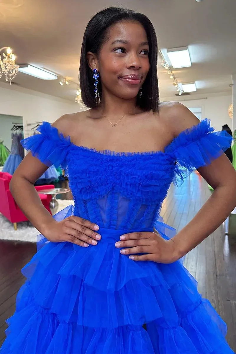 Adalynn | Royal Blue Off the Shoulder Ruffle Tiered Tulle Long Prom Dresses with Slit