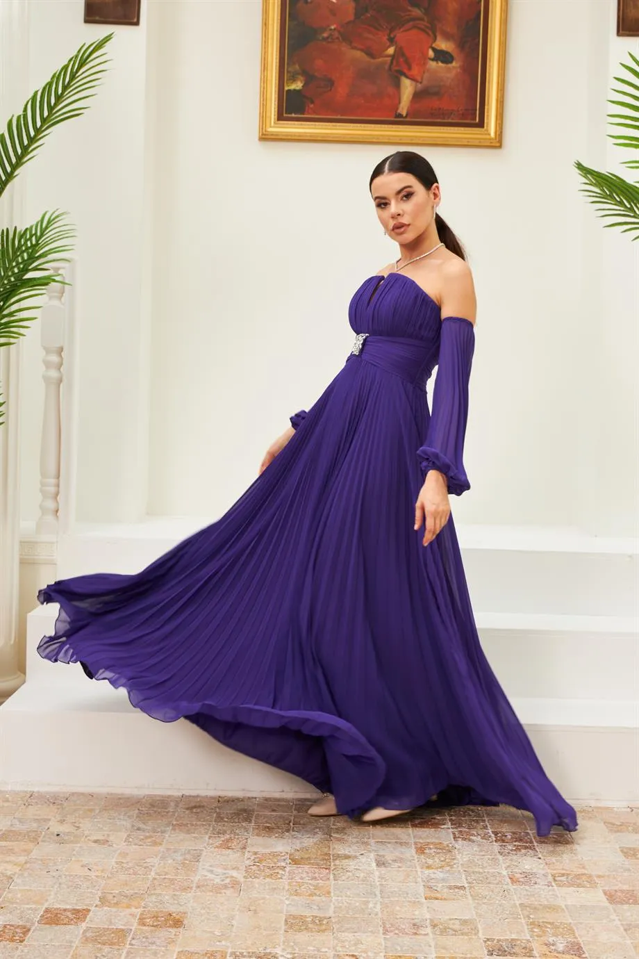 Angelino purple chiffon belt detailed long evening dress dress