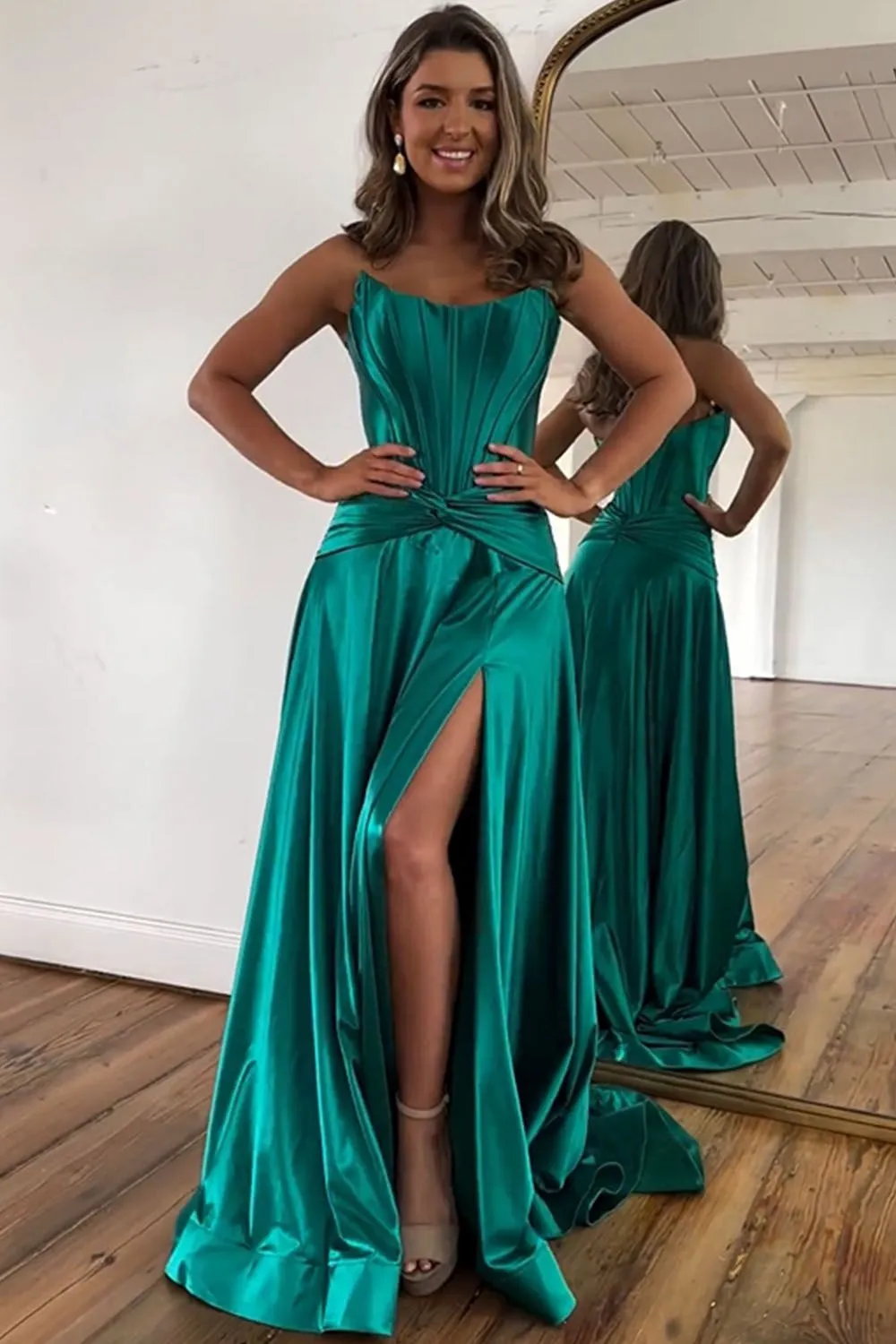 Annette | Green A-Line Strapless Zipper Back Long Satin Prom Dress With Split