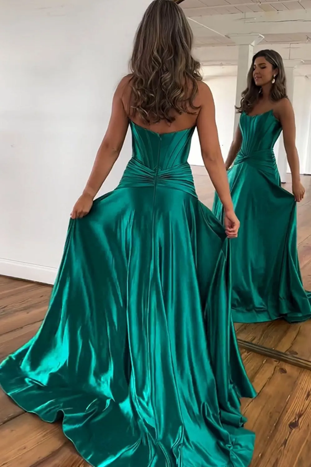 Annette | Green A-Line Strapless Zipper Back Long Satin Prom Dress With Split