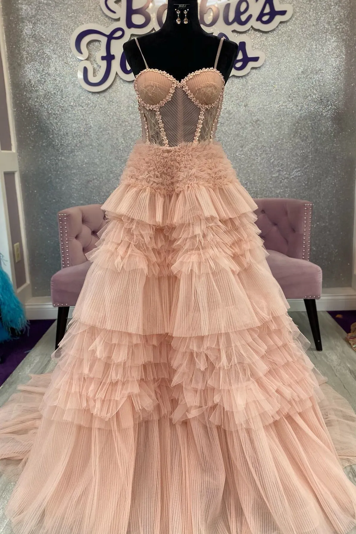 Averi | Blushing Pink Tulle Ruffle Layers Lace-Up Back A-Line Prom Dress