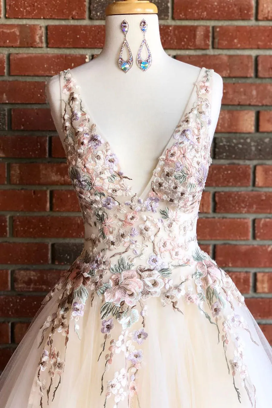 Beatrix | Elegant V Neck Ivory Long Prom Dress with Floral Embroidery