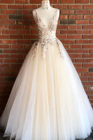 Beatrix | Elegant V Neck Ivory Long Prom Dress with Floral Embroidery