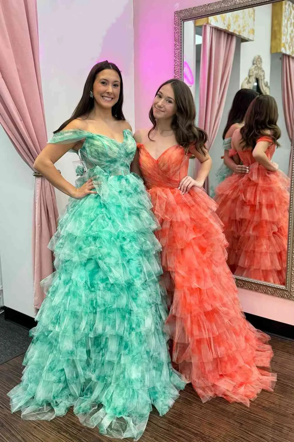 Bettie | Off the Shoulder Coral Print Tiered Long Prom Dress