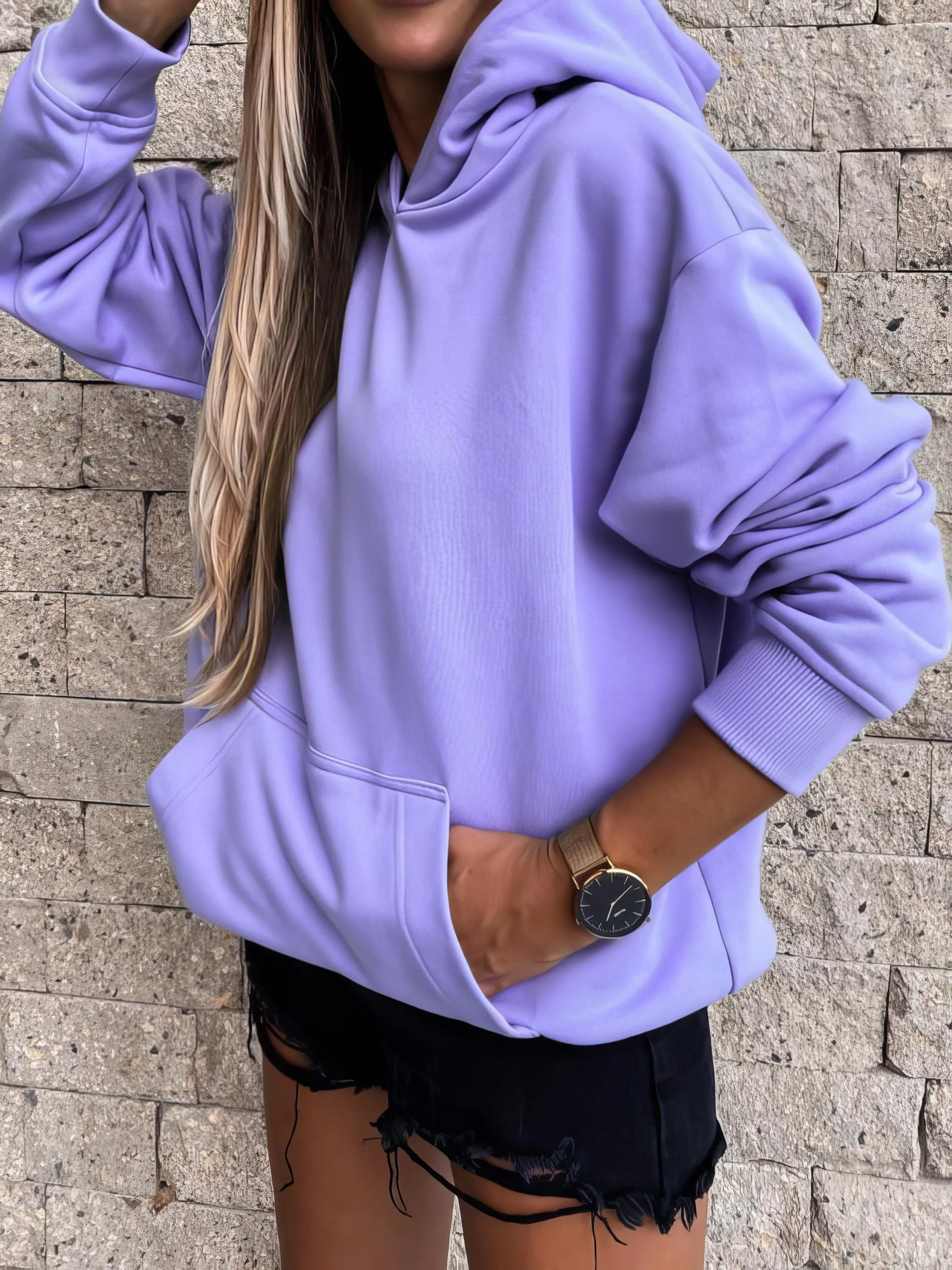 Bishop Halter Jewel Solid Color Long Sleeve Hoodie With Pocket