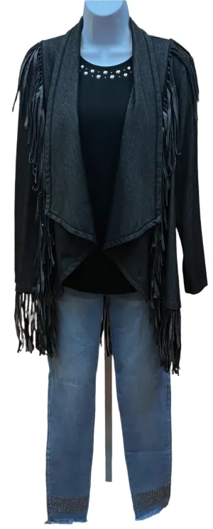 Black Denim Knit Fringe Jacket