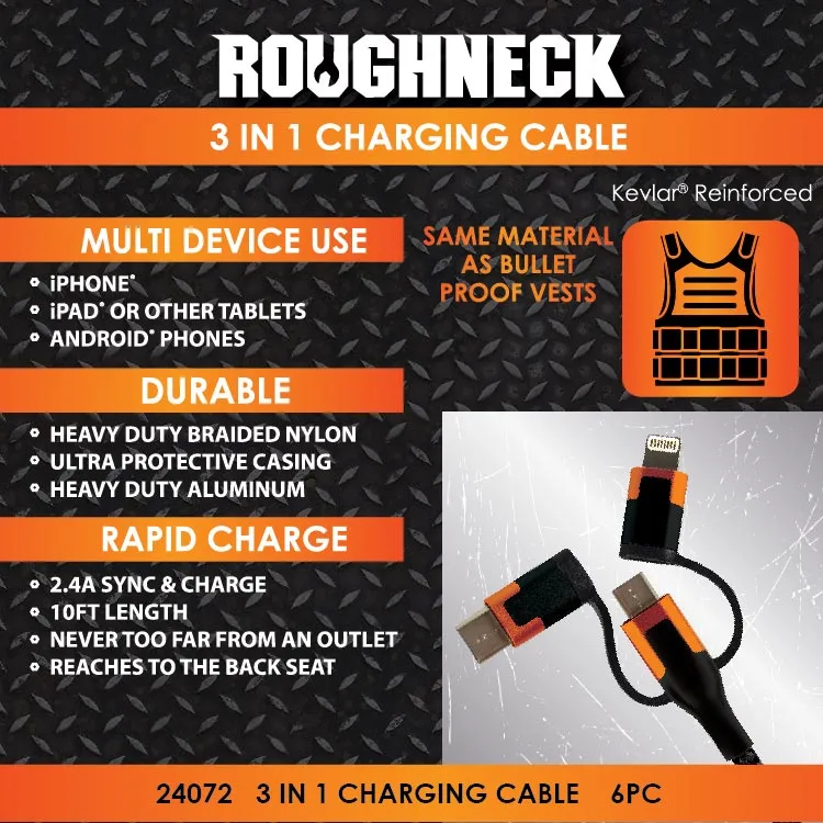 Charging Cable 3 in 1 Multi-Head USB to USB-C / Lightning / Micro USB 10FT 2.4 Amp - 6 Pieces Per Retail Ready Display 24072