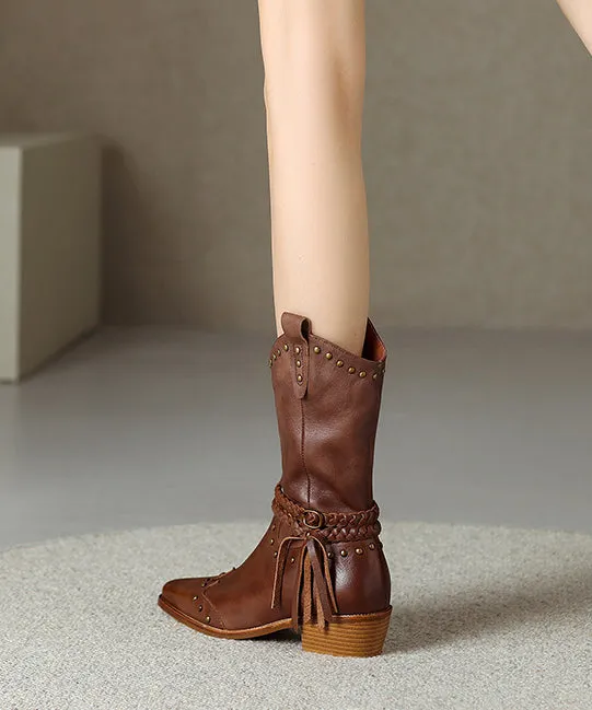 Chic Splicing Rivet Tassel Chunky Boots