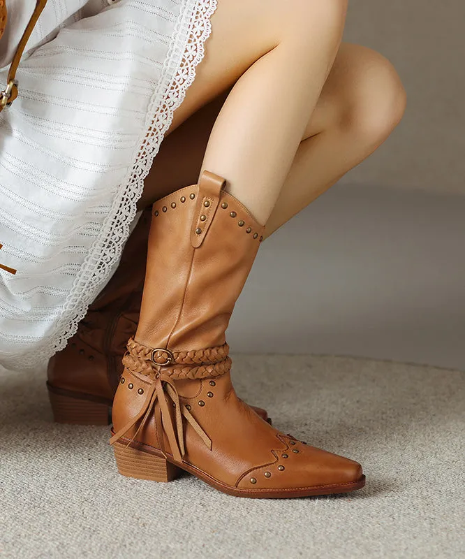 Chic Splicing Rivet Tassel Chunky Boots