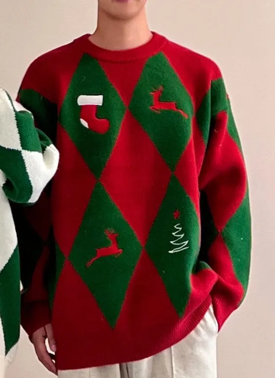 Christmas outfit red green couple winter sweater unisex loose fit