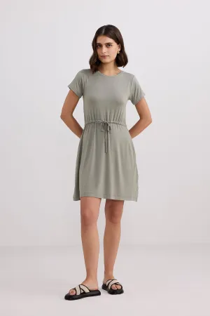 Drawstring Short T-shirt Dress in Light Olive