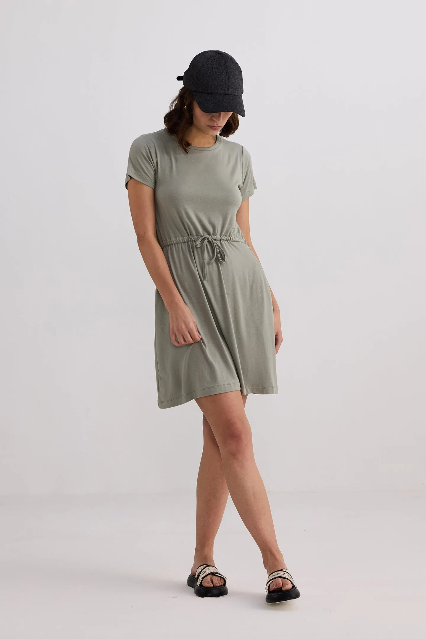 Drawstring Short T-shirt Dress in Light Olive