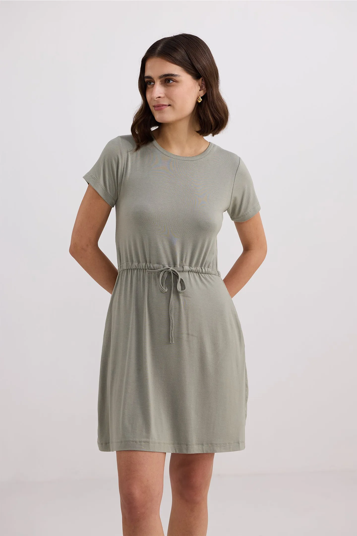 Drawstring Short T-shirt Dress in Light Olive