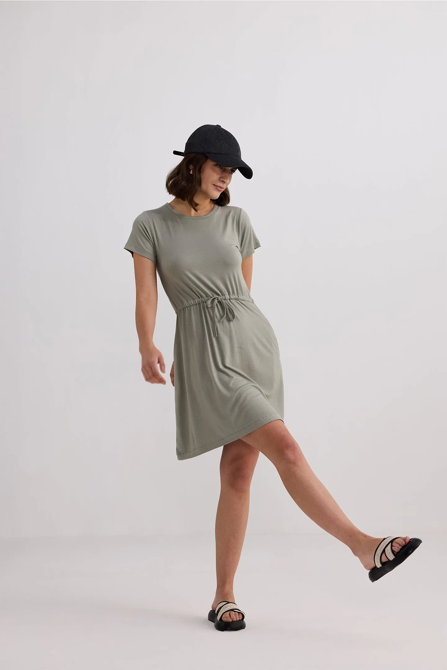 Drawstring Short T-shirt Dress in Light Olive