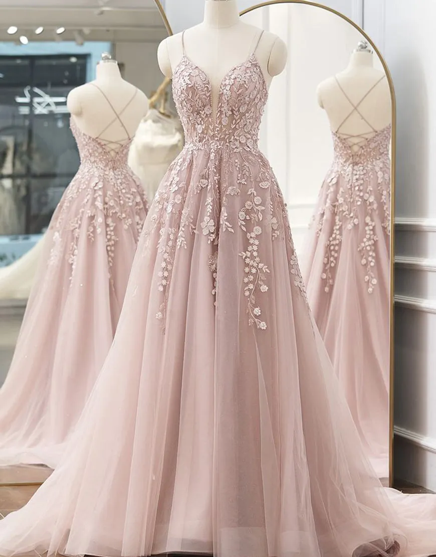 Frances |A-line Spaghetti Straps Tulle Prom Dress with Appliques