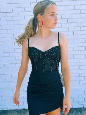 Heahter | Sparkly Black Corset Sequin Tight Homecoming Dress