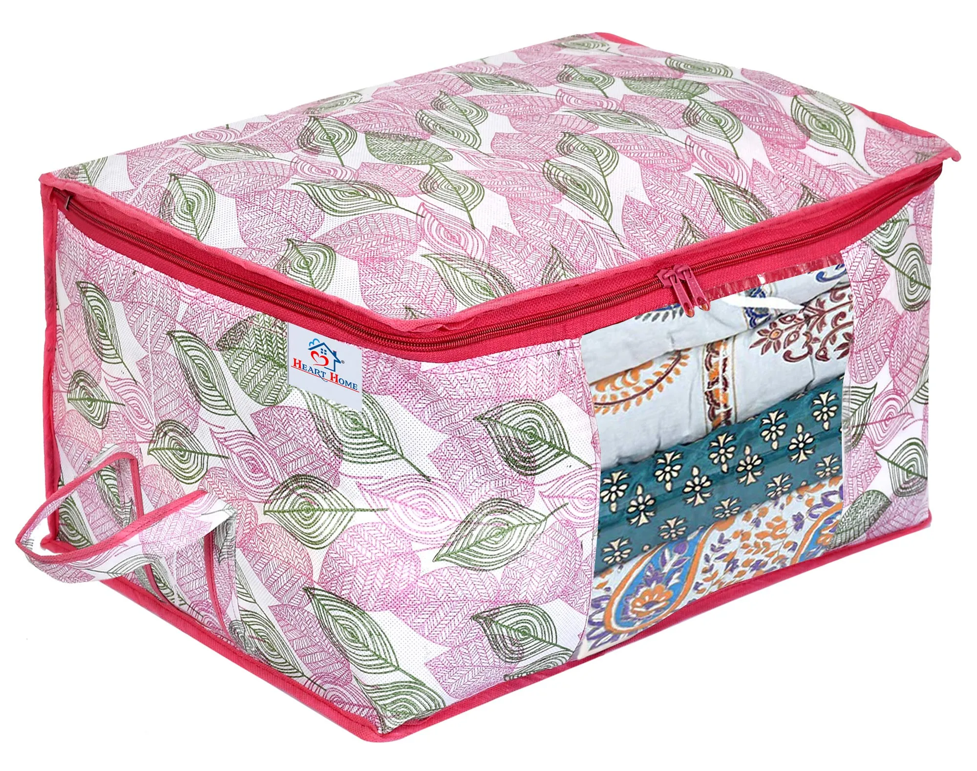 Heart Home Metalic Leafy Print Non Woven 8 Pieces Underbed Storage Bag,Cloth Organiser,Blanket Cover with Transparent Window (Pink)-HHEART16623