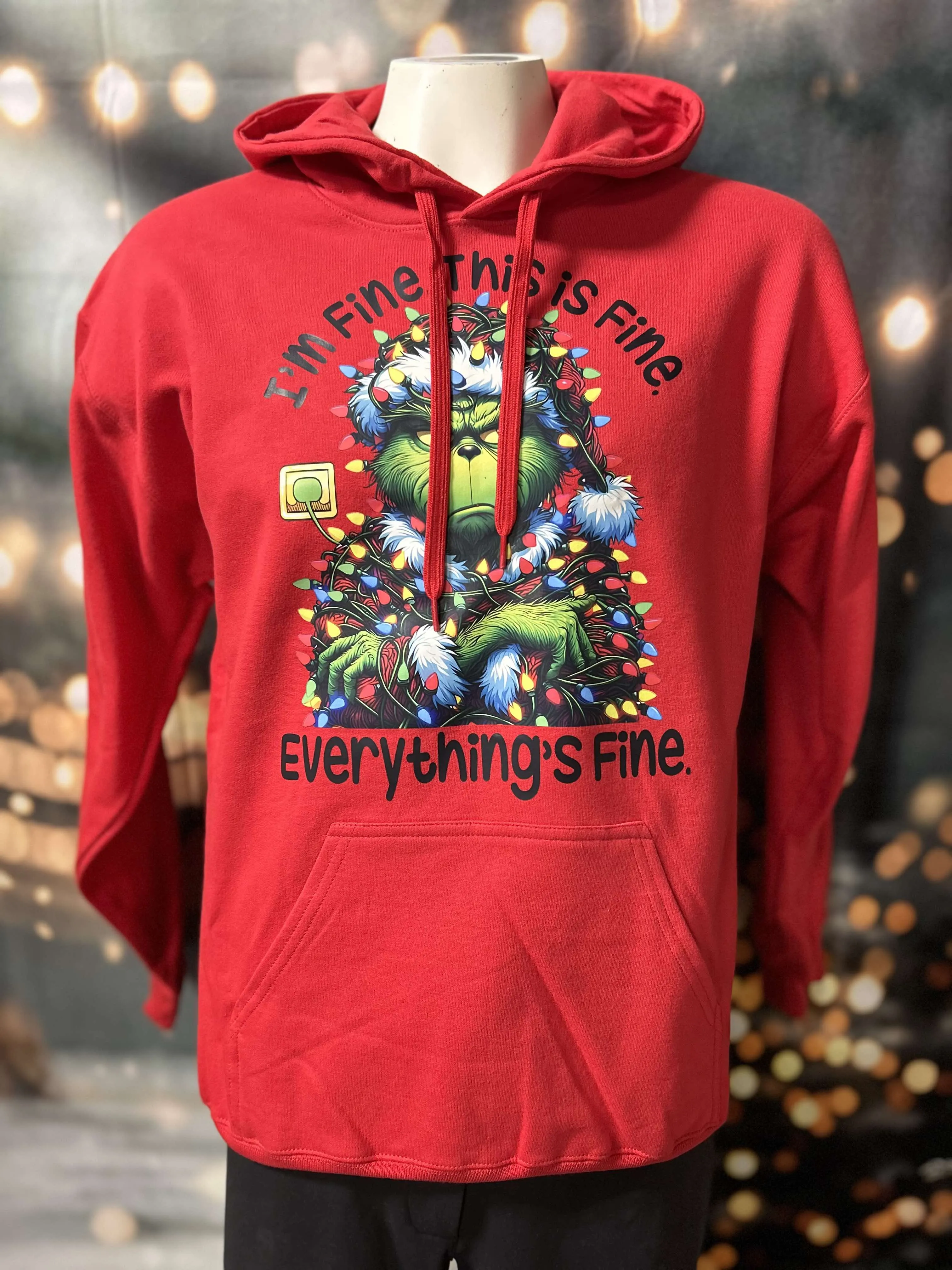 I'm Fine, This is Fine Mean Green Guy Holiday Red Graphic Hoodie