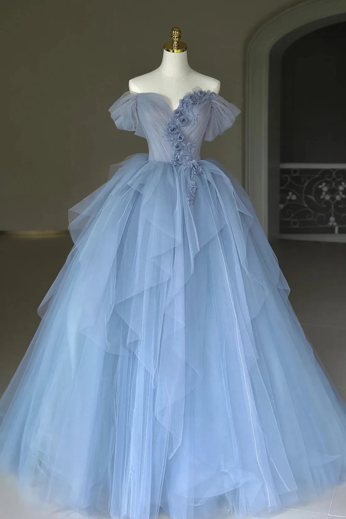 Kyra | Blue Tulle Floor Length Prom Dress, Off the Shoulder Evening Dress with 3D Flowers