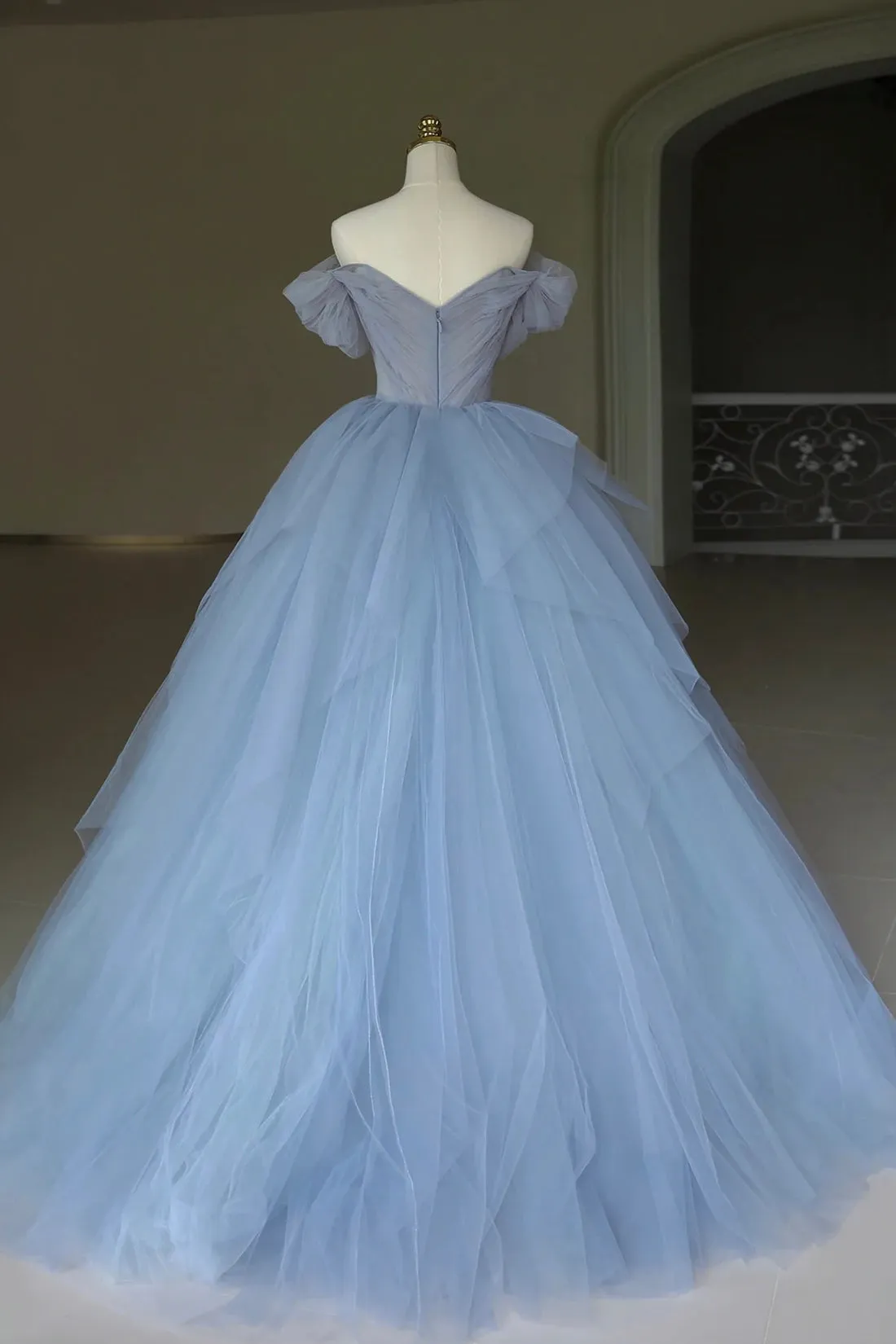 Kyra | Blue Tulle Floor Length Prom Dress, Off the Shoulder Evening Dress with 3D Flowers