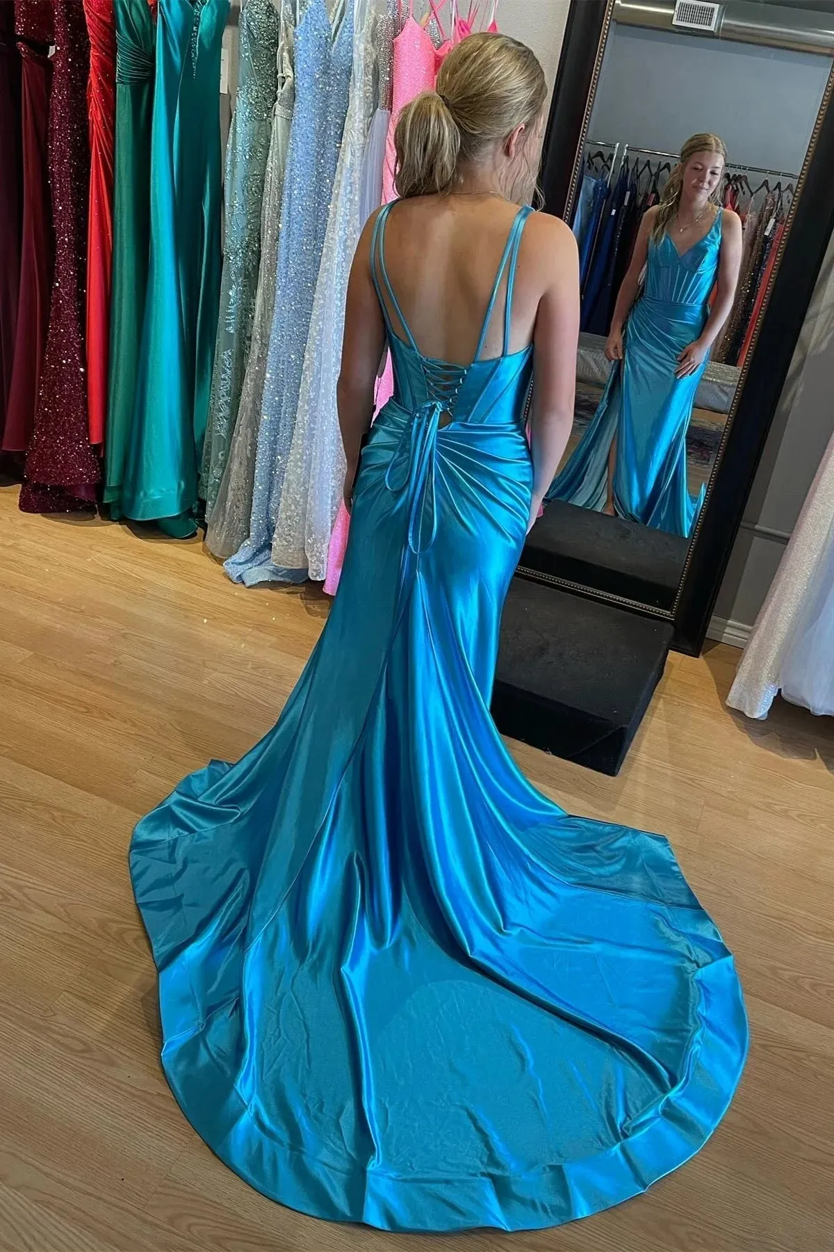 Lara | Grape Mermaid Satin V Neck Long Prom Dress with Slit