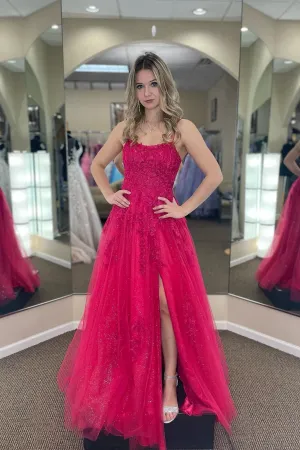 Lindsey | Fuchsia A-line Tulle Scoop Neckline Applique Slit Long Prom Dress