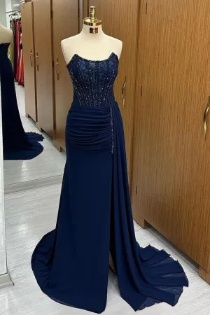 Maliyah | Navy Lace Beaded Strapless Long Formal Dress with Attached Train