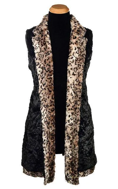 Mandarin Vest, Reversible less pockets - Luxury Faux Fur in Carpathian Lynx with Cuddly Fur in Black - Sold Out!