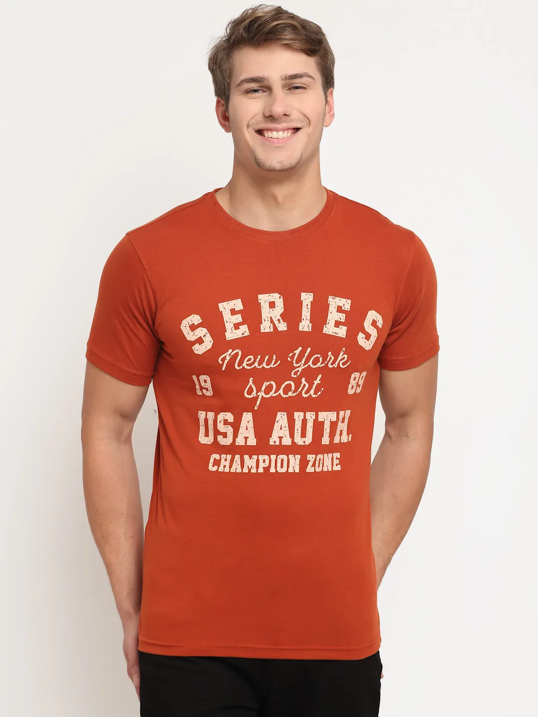 Men's Rust  Round neck Half Sleeve T-Shirt with print