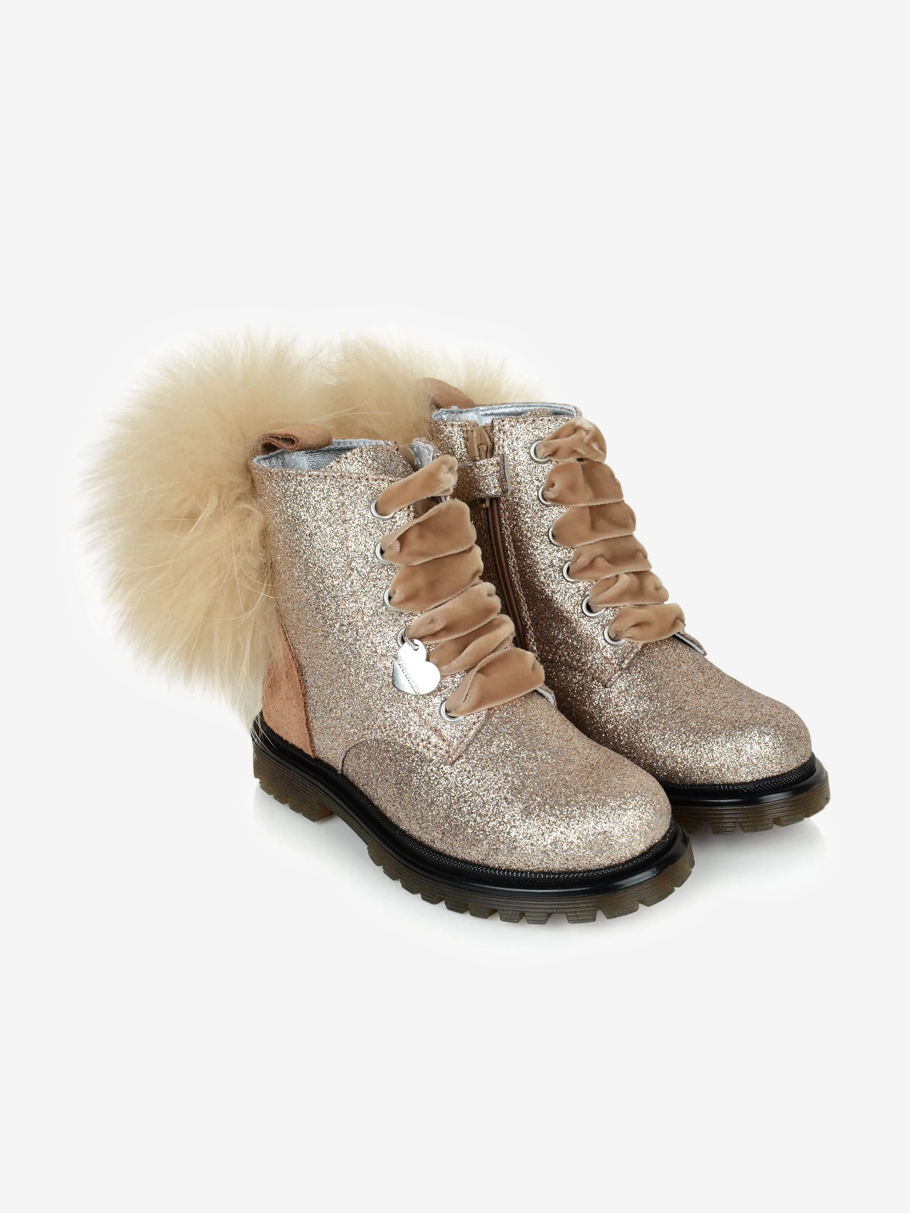 Monnalisa Nude Glitter Pom Pom Boots