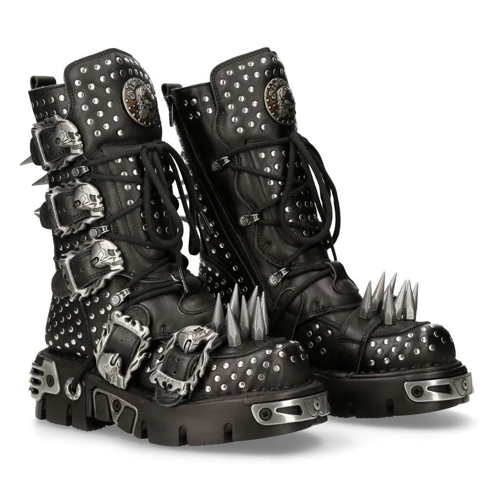 New Rock 1535-S1 Black Leather Military High Boots Metal Spikes Buckles Punk EMO