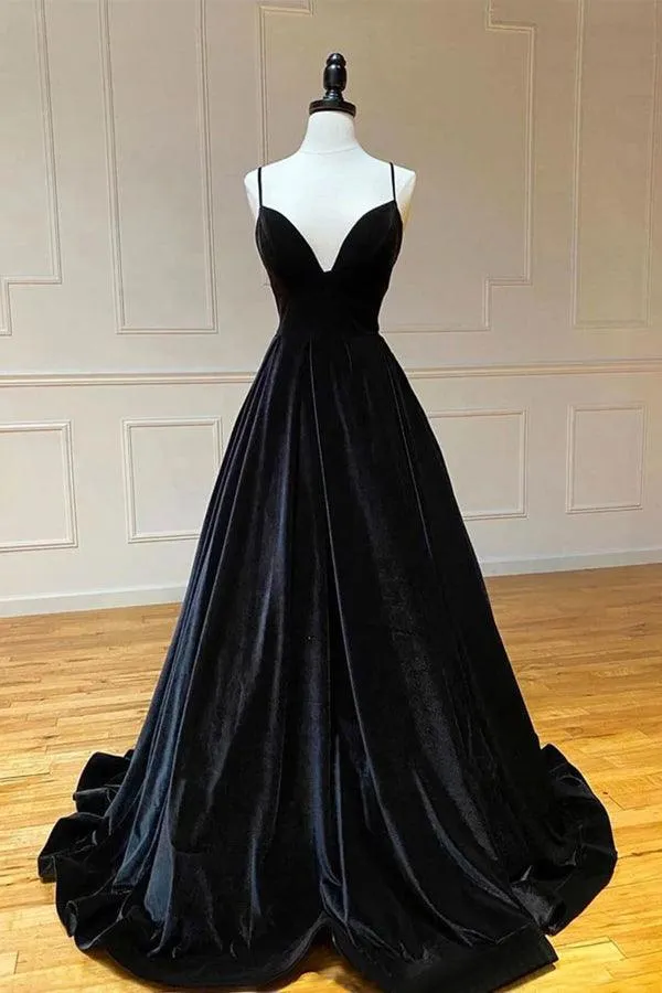 Oaklee | Simple Black Velvet Long Prom Dress, Black Evening Dress