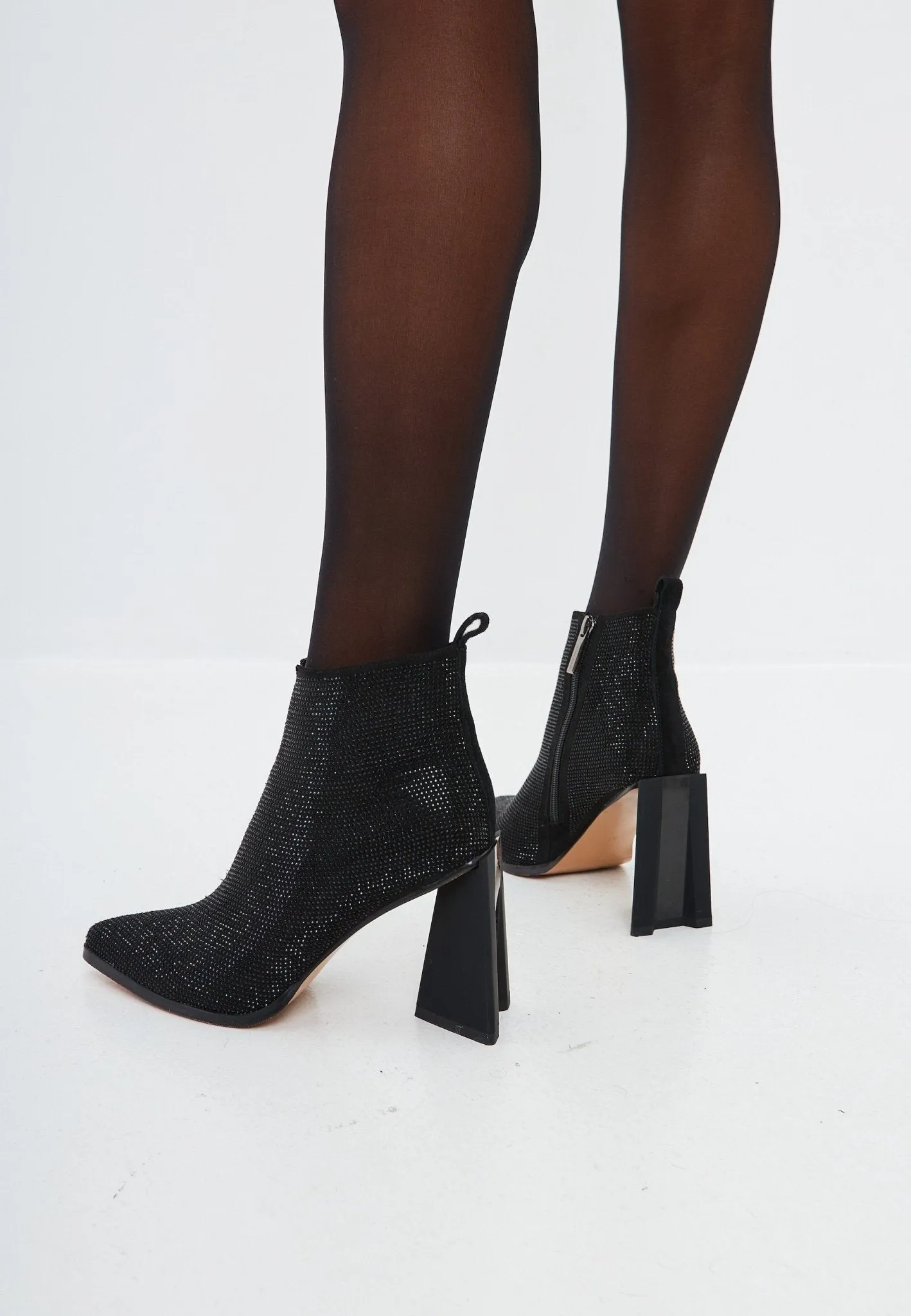 Pointed Toe Block Heel Ankle Boots - Stylish Leather Booties- Black Suede