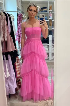 Princess Hot Pink Tiered Tulle Prom Dress