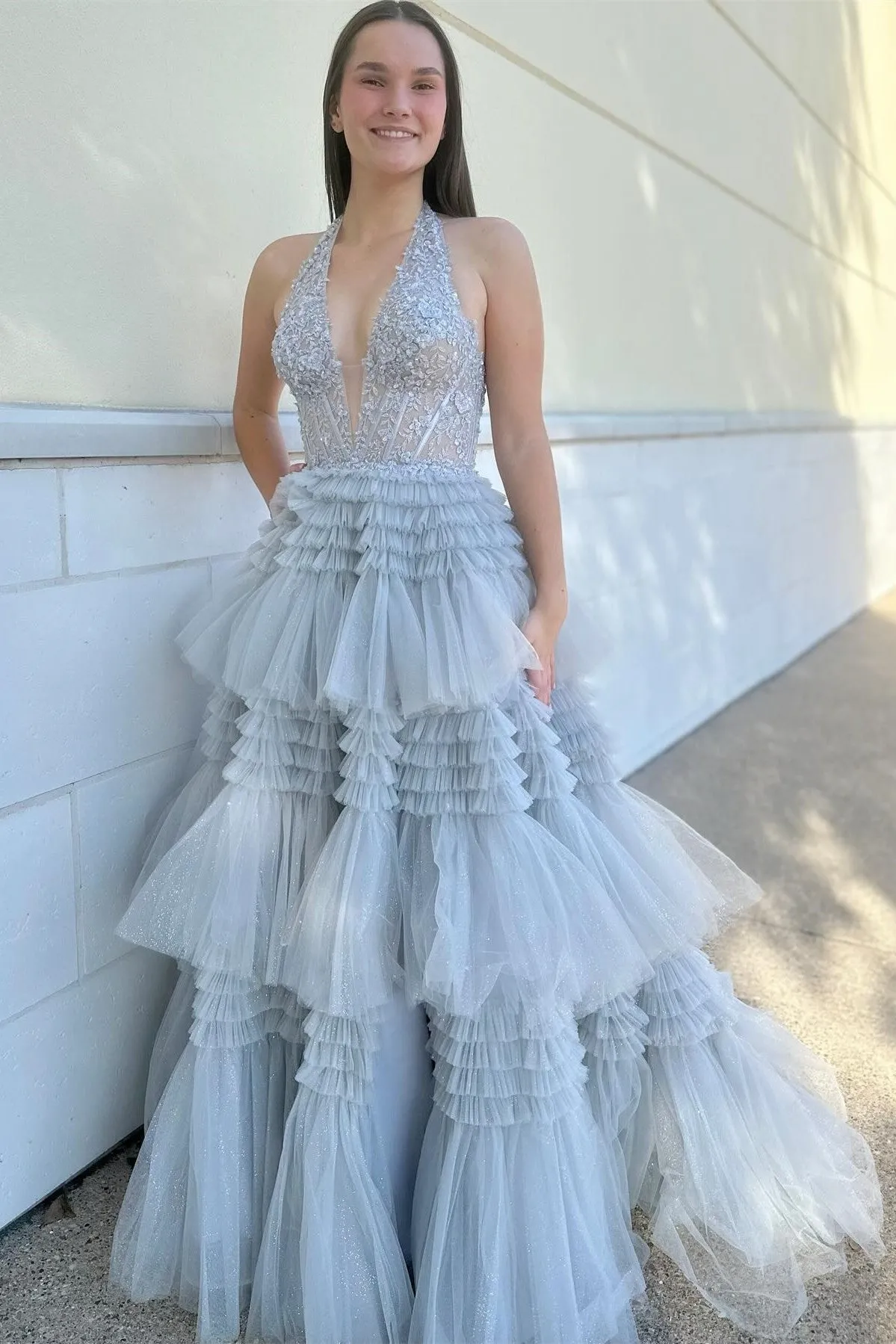 Red Tulle Appliques Halter Ruffle Tiered Ball Gown