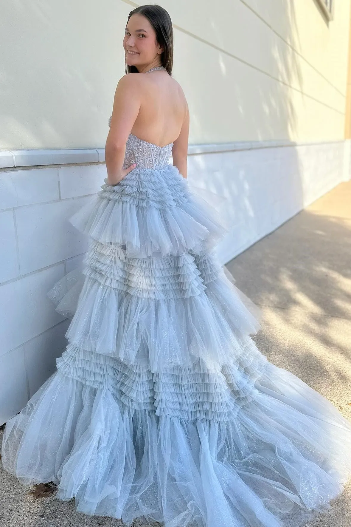 Red Tulle Appliques Halter Ruffle Tiered Ball Gown