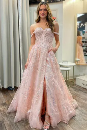 Sally | Pink Appliques Off-the-Shoulder A-Line Long Prom Dress