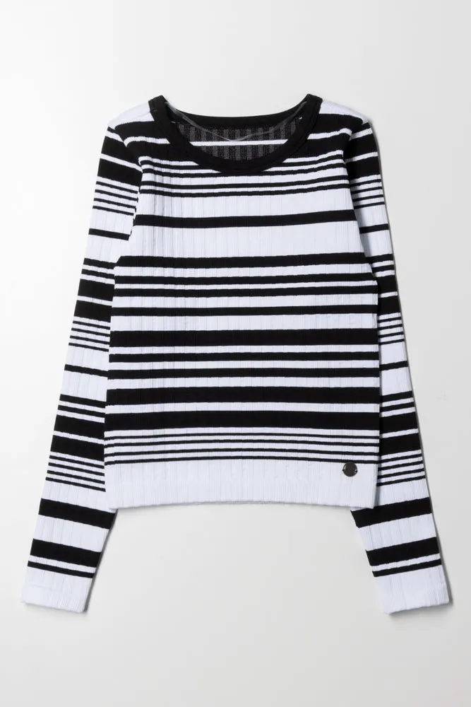 Seamless Stripe Crew Neck Top Black And White