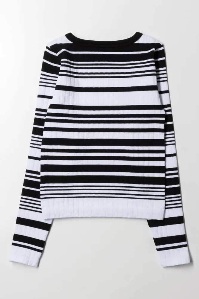 Seamless Stripe Crew Neck Top Black And White