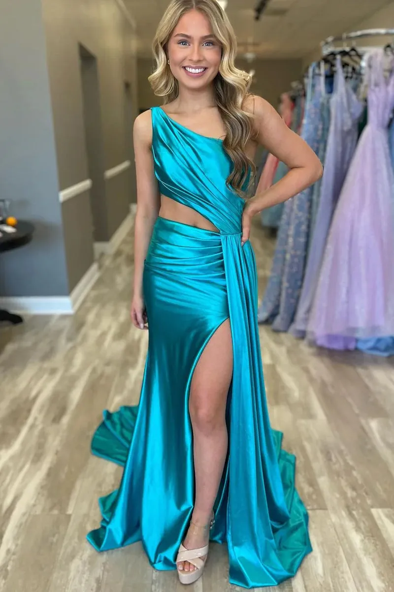 Shannon | Charming Mermaid One Shoulder Satin Prom Dresses with Slit