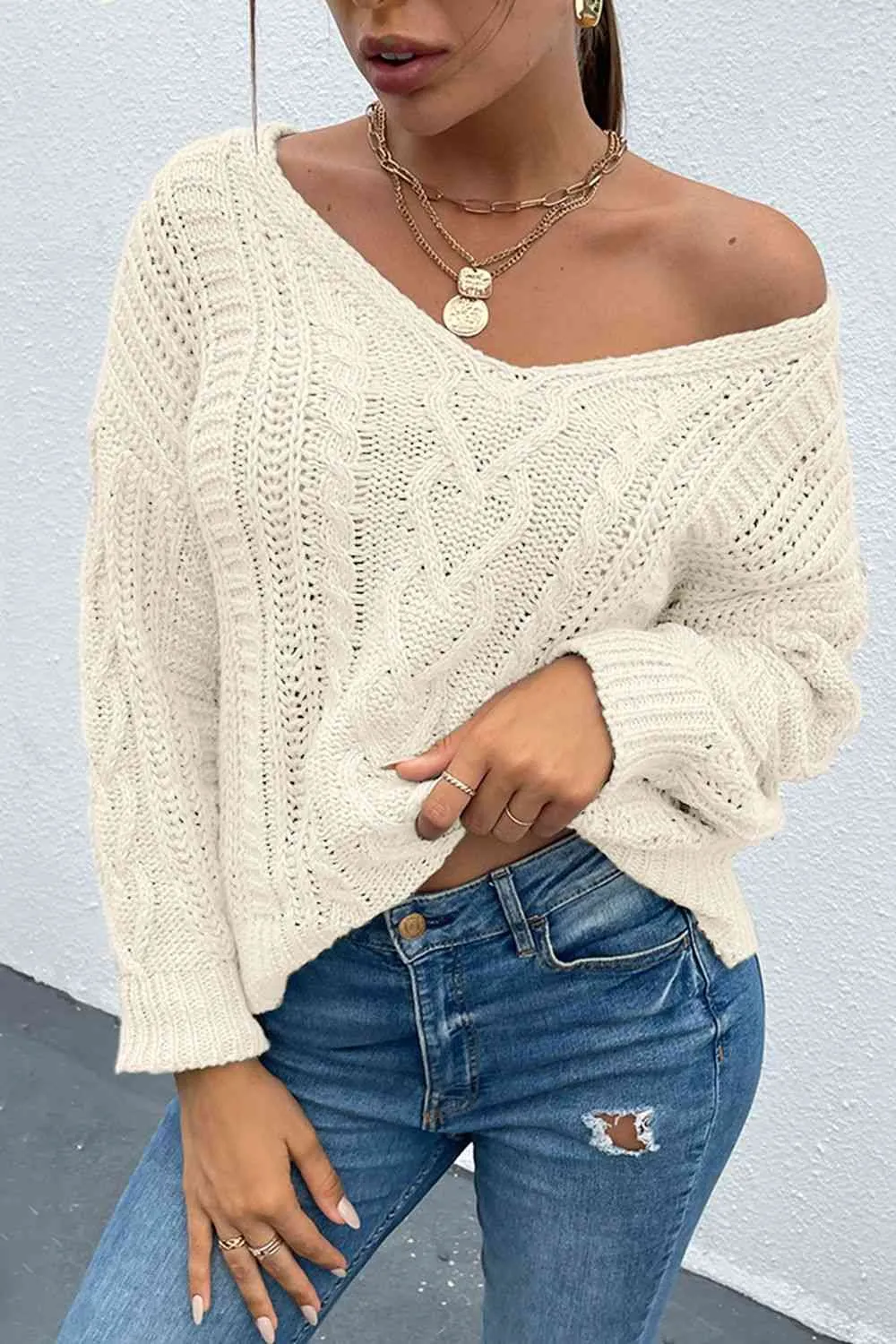 V-Neck Cable-Knit Long Sleeve Sweater