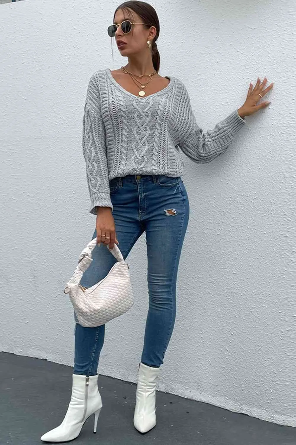 V-Neck Cable-Knit Long Sleeve Sweater