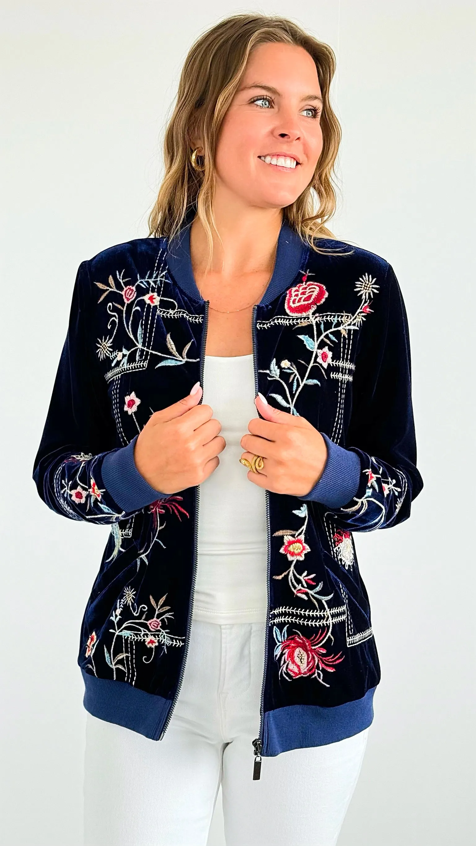 Velvet Floral Zip- Up Jacket