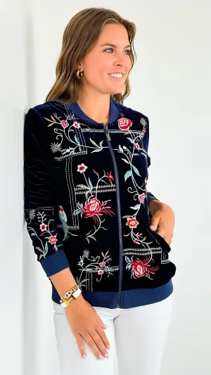 Velvet Floral Zip- Up Jacket