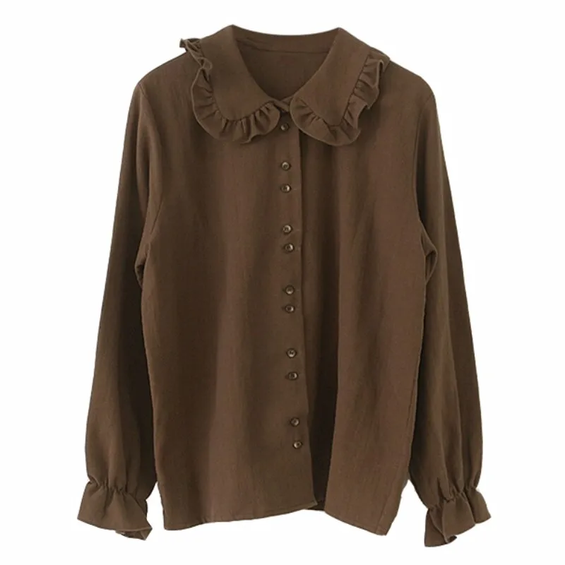 Wenkouban Shirts Blouses Women Fashion Design Girl Preppy Style Flare Sleeve Tops Crew Neck Solid Shirt Autumn Spring Brown Button Coats