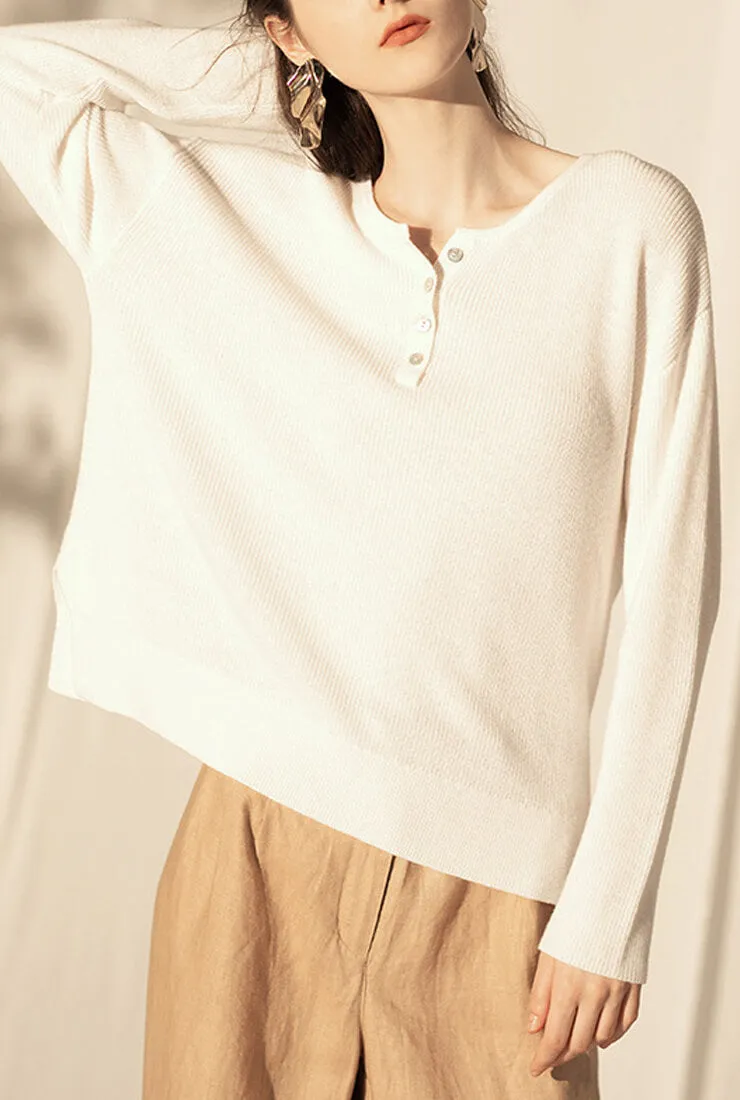 White Loose Wool Knit Pullover Sweater