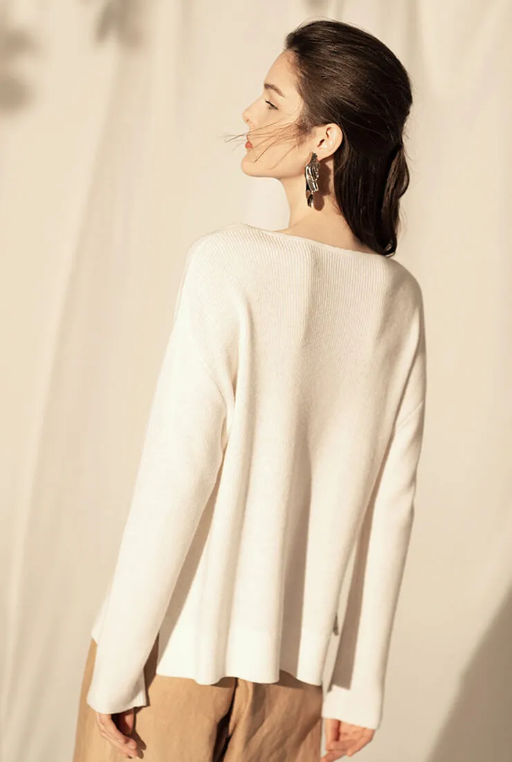 White Loose Wool Knit Pullover Sweater